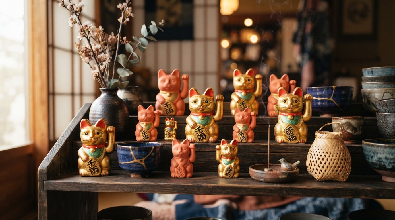 Valkoinen japanilainen Manekineko -kissa Darumalla – aurinkokennolla toimiva figuuri